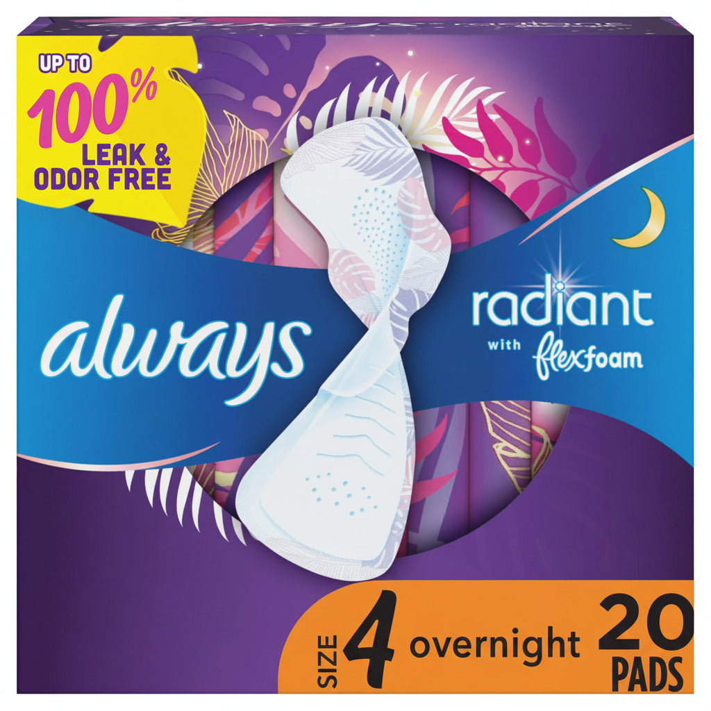 Always Radiant with Flex foam packaging for overnight pads on a purple and blue background