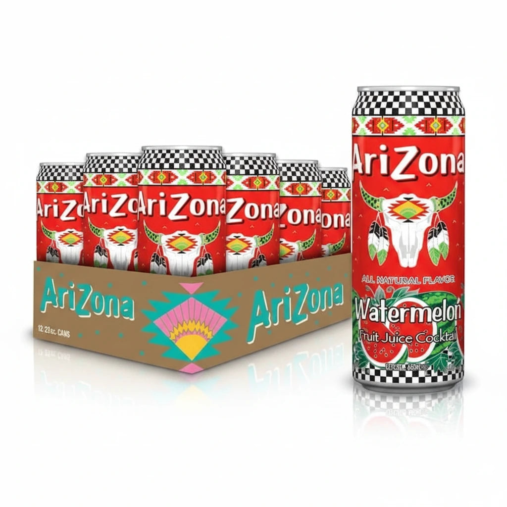 Box of Arizona Watermelon fruit juice cocktails with cans displayed.