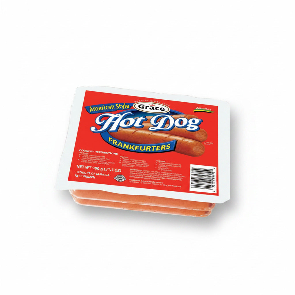 Packaged hot dogs with Grace brand label on a white background