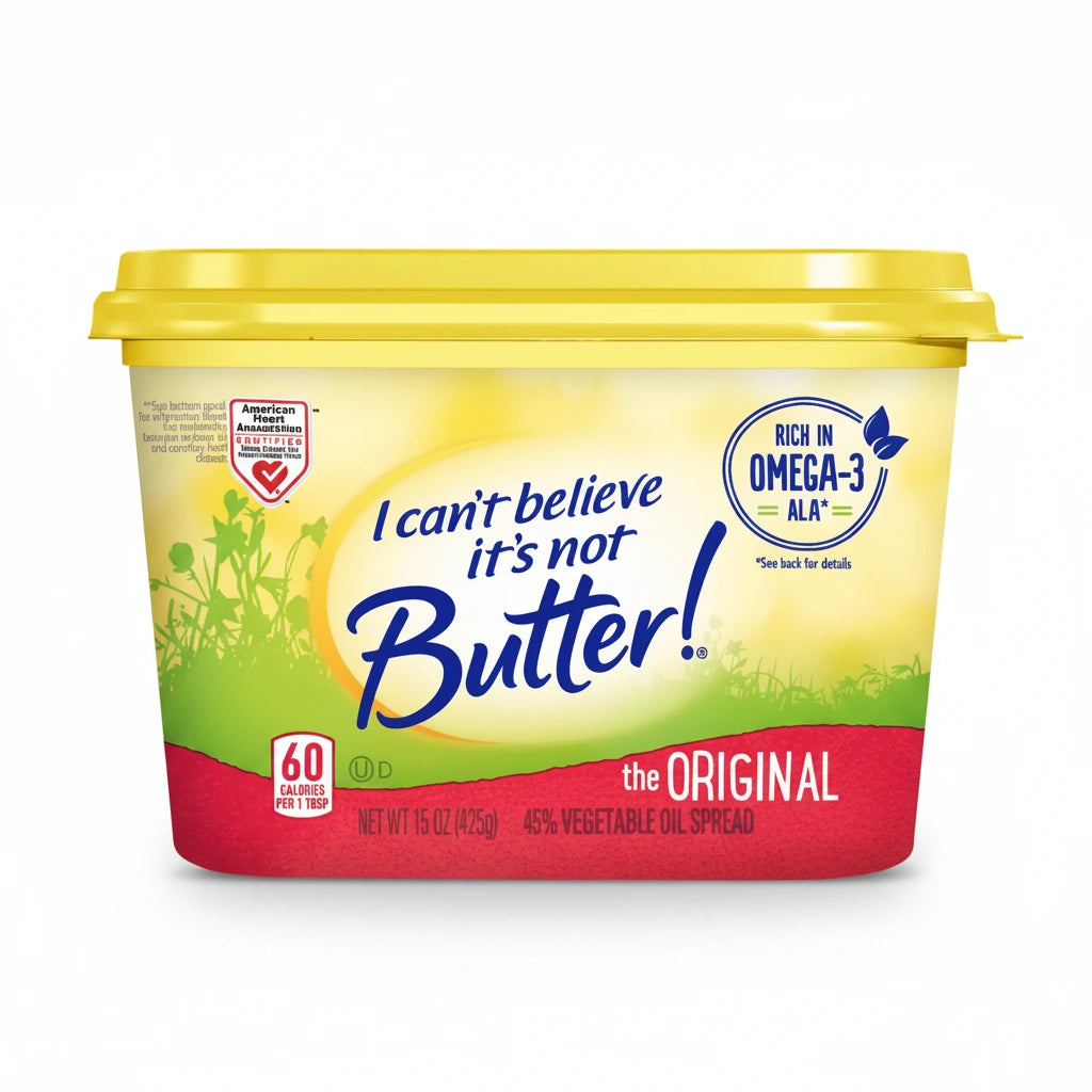 Container of 'I can't believe it's not Butter!' spread on a white background