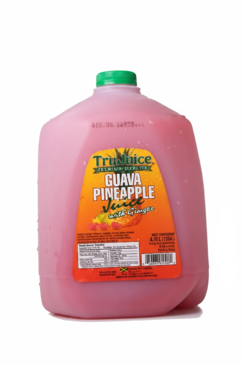 Pink bottle of True Pinece Guava Pineapple juice with a green cap on a white background