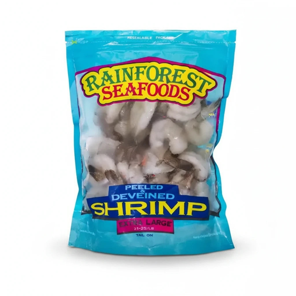 Bag of Rainforest Seafoods peeled and deveined shrimp on a white background