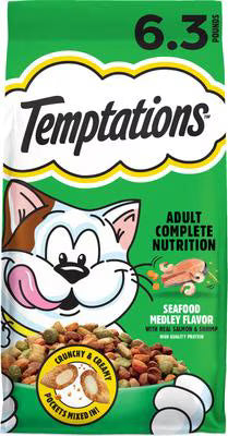 Temptations cat food package with a cartoon cat on a green background
