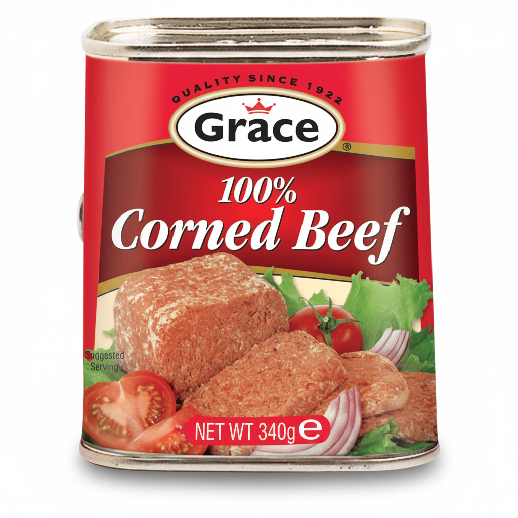 Can of Grace 100% Corned Beef with a red label and images of corned beef, tomatoes, and lettuce.