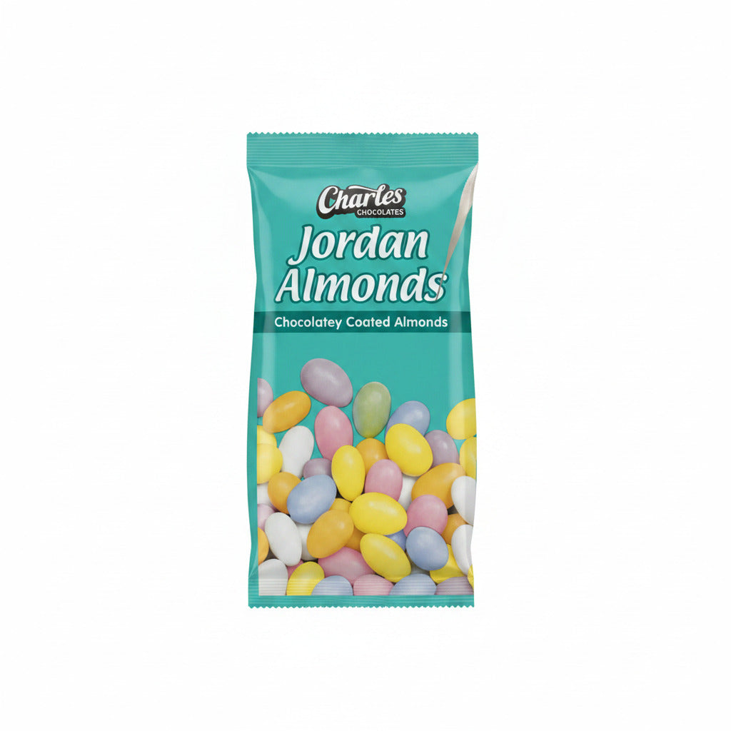 Packaged Jordan Almonds with colorful coating on a textured surface