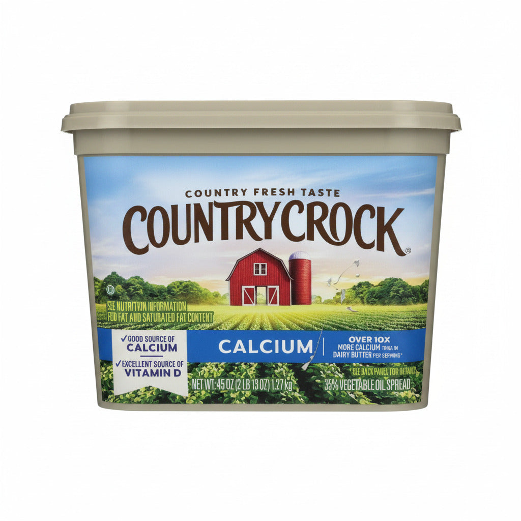 Country Crock butter container with a barn illustration on the label