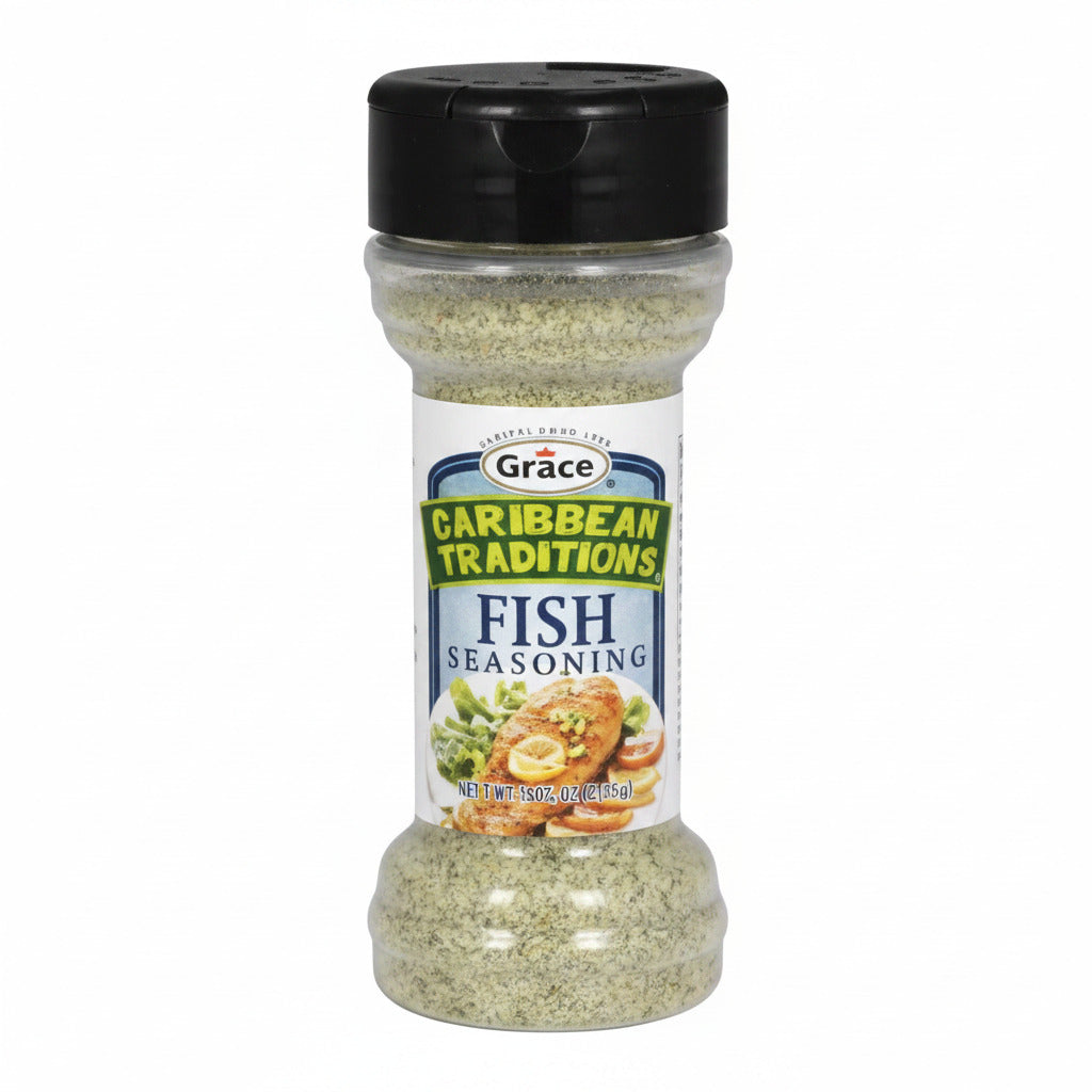 Bottle of Grice Caribbean Traditions Fish Seasoning on a white background