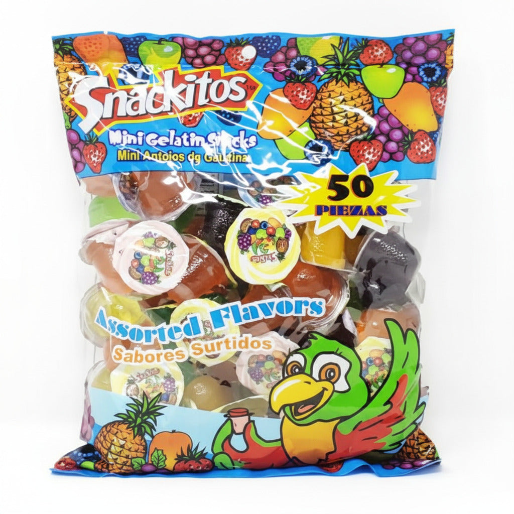 Bag of Snackitos assorted flavors gummy candies with colorful packaging.