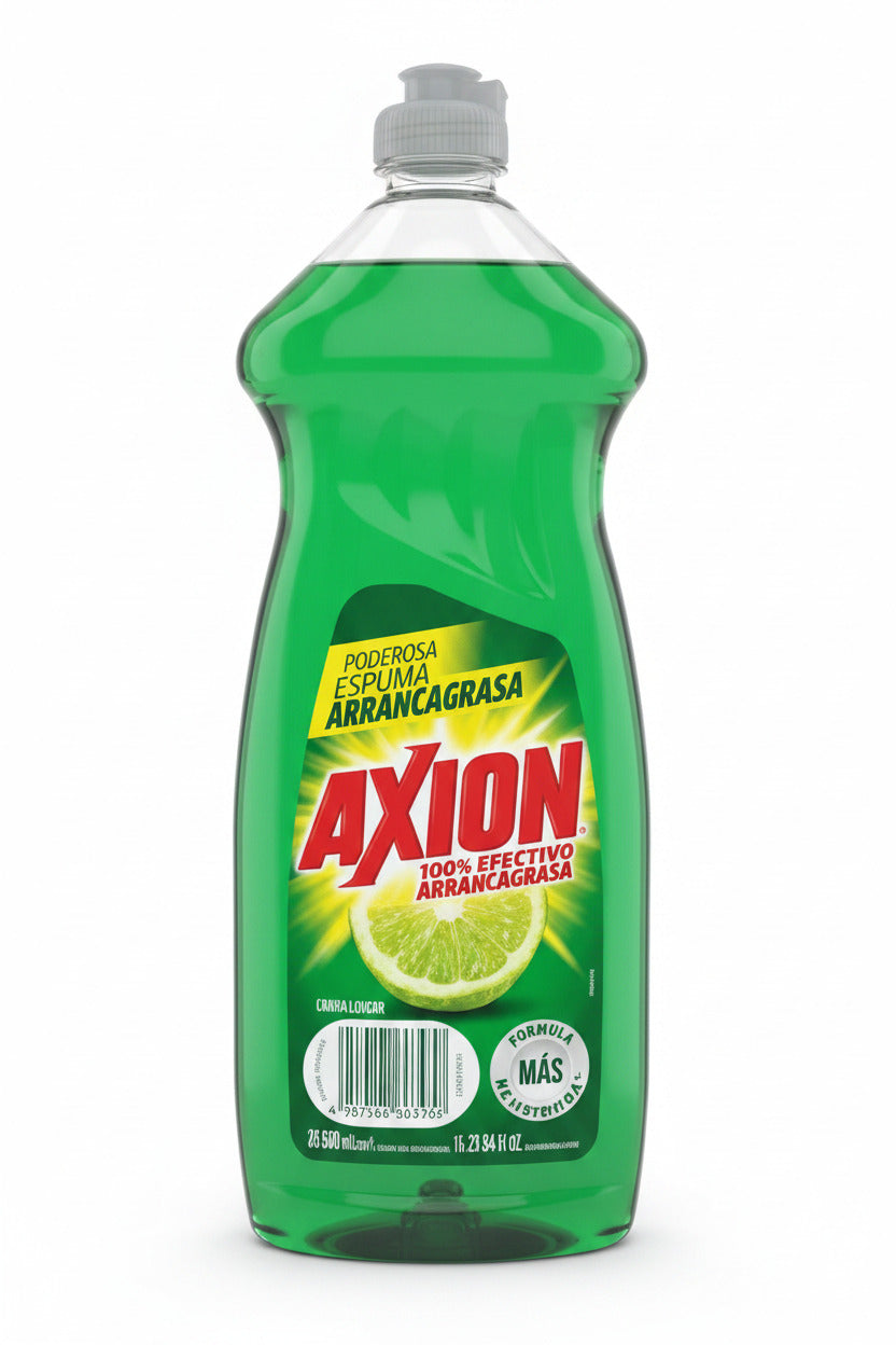 Axion dishwashing liquid bottle on a white surface with a red background