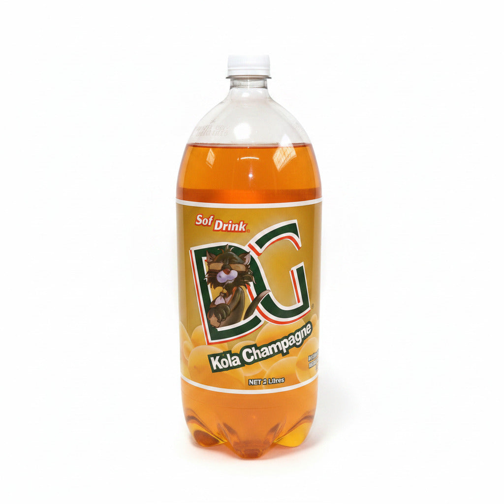 Bottle of DG Kola Champagne soft drink on a white background