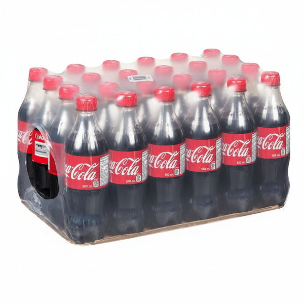 Carton of Coca-Cola bottles with red caps on a white background