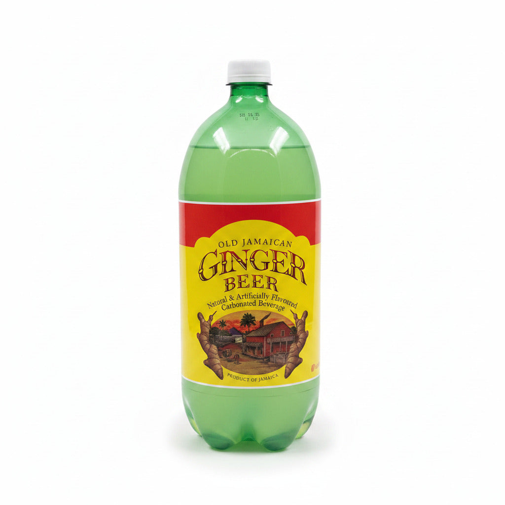Green bottle of Old Jamaican Ginger Beer with a colorful label on a white background