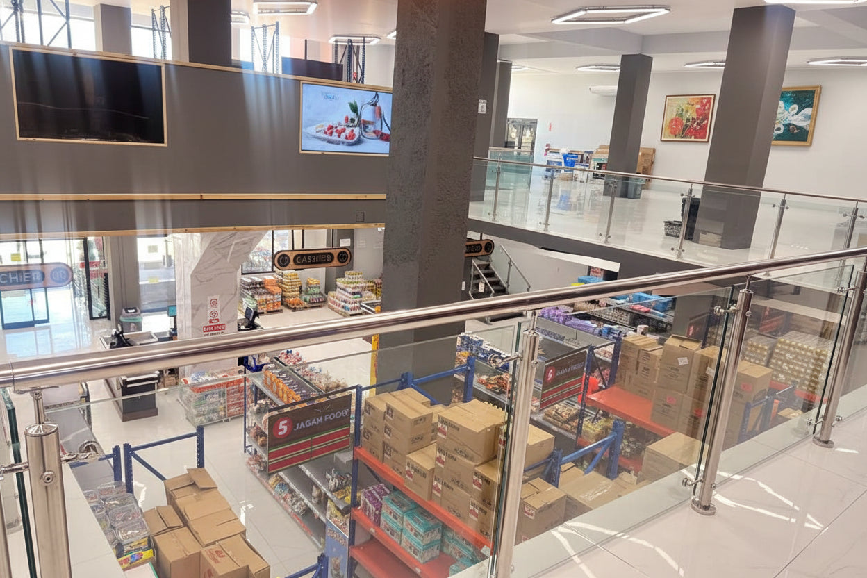 Interior view of a warehouse with boxes and shelves.