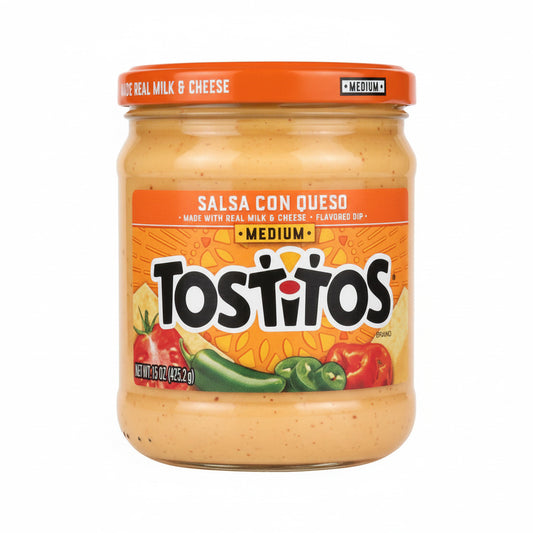 Jar of Tostitos Salsa Con Queso on a black surface