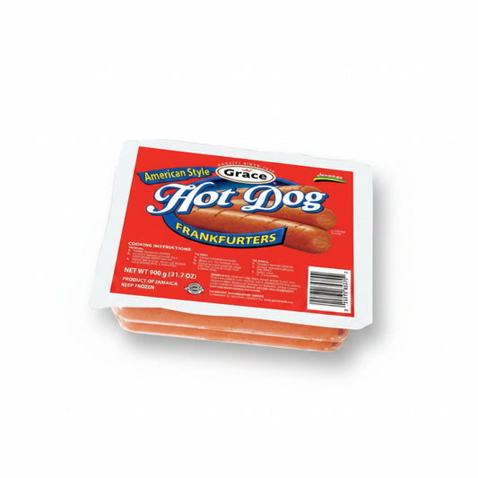 Packaged hot dogs with Grace brand label on a white background