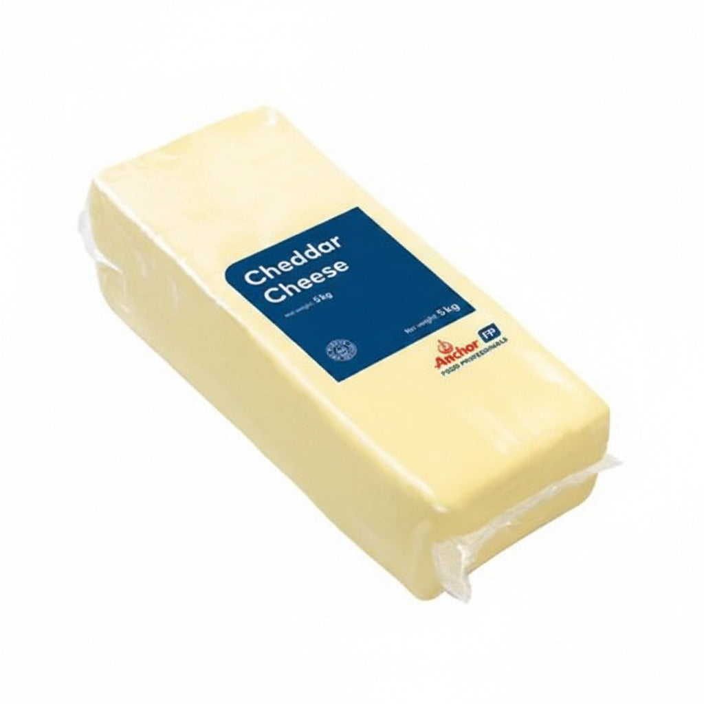 Block of cheddar cheese with a blue label on a white background