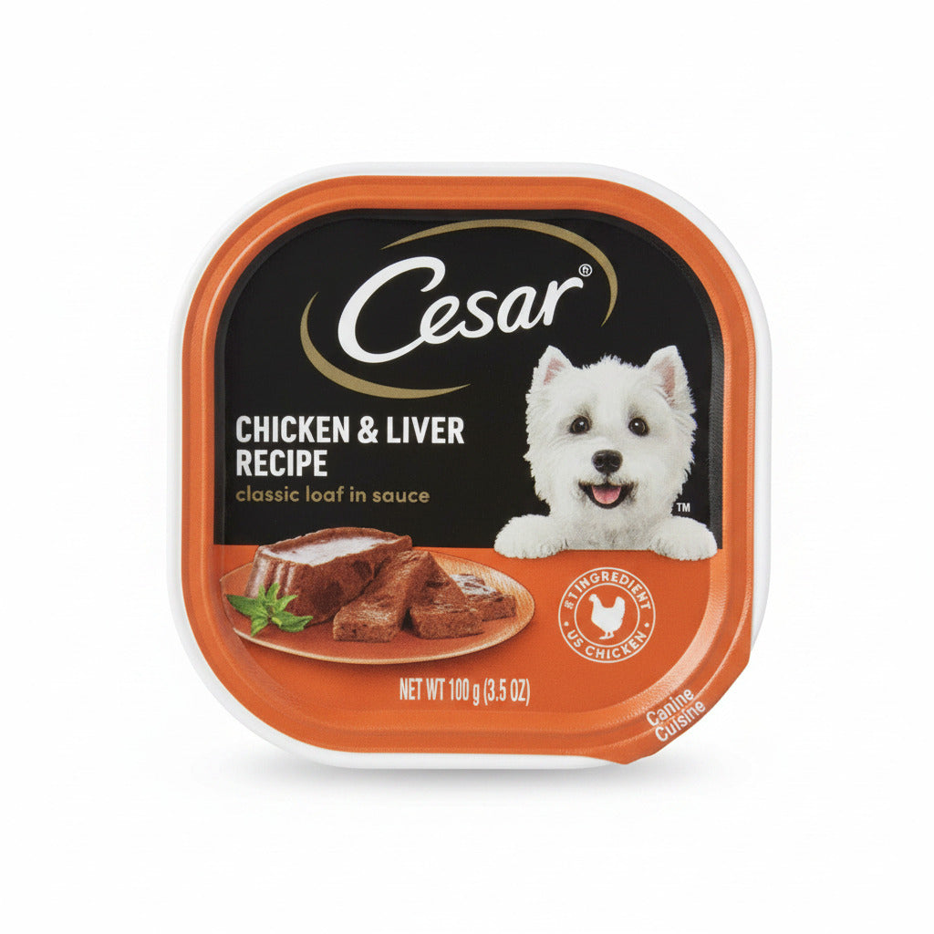 Cesar Chicken & Liver Recipe dog food container held by a person