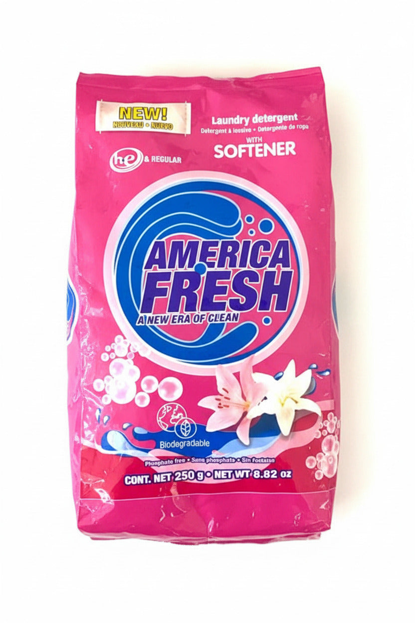 America Fresh laundry detergent packaging on a white background
