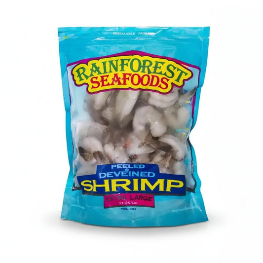 Bag of Rainforest Seafoods peeled and deveined shrimp on a white background
