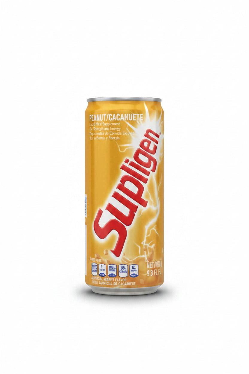 Supligen peanut flavor supplement can on a black background