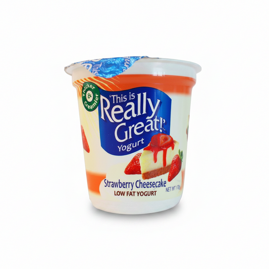 Yogurt container with 'This is Really Great!' branding on a dark background