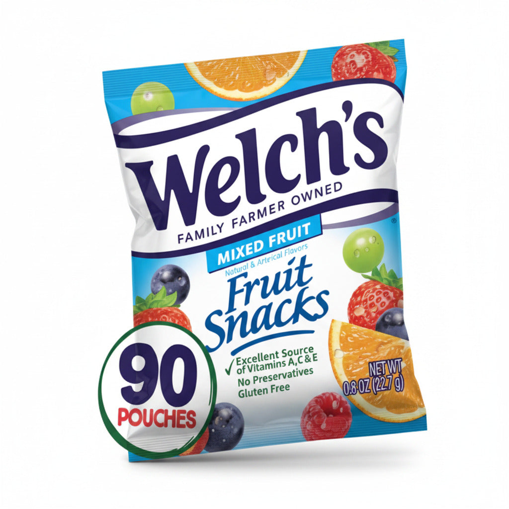 Welch's mixed fruit snack package on a blue background