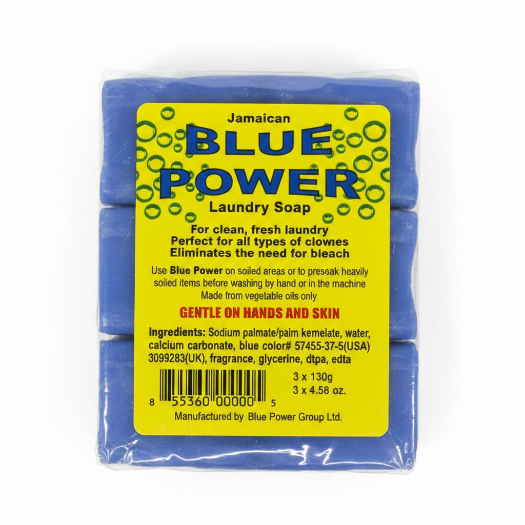 Pack of Jamaican Blue Power laundry soap with yellow label on a white background