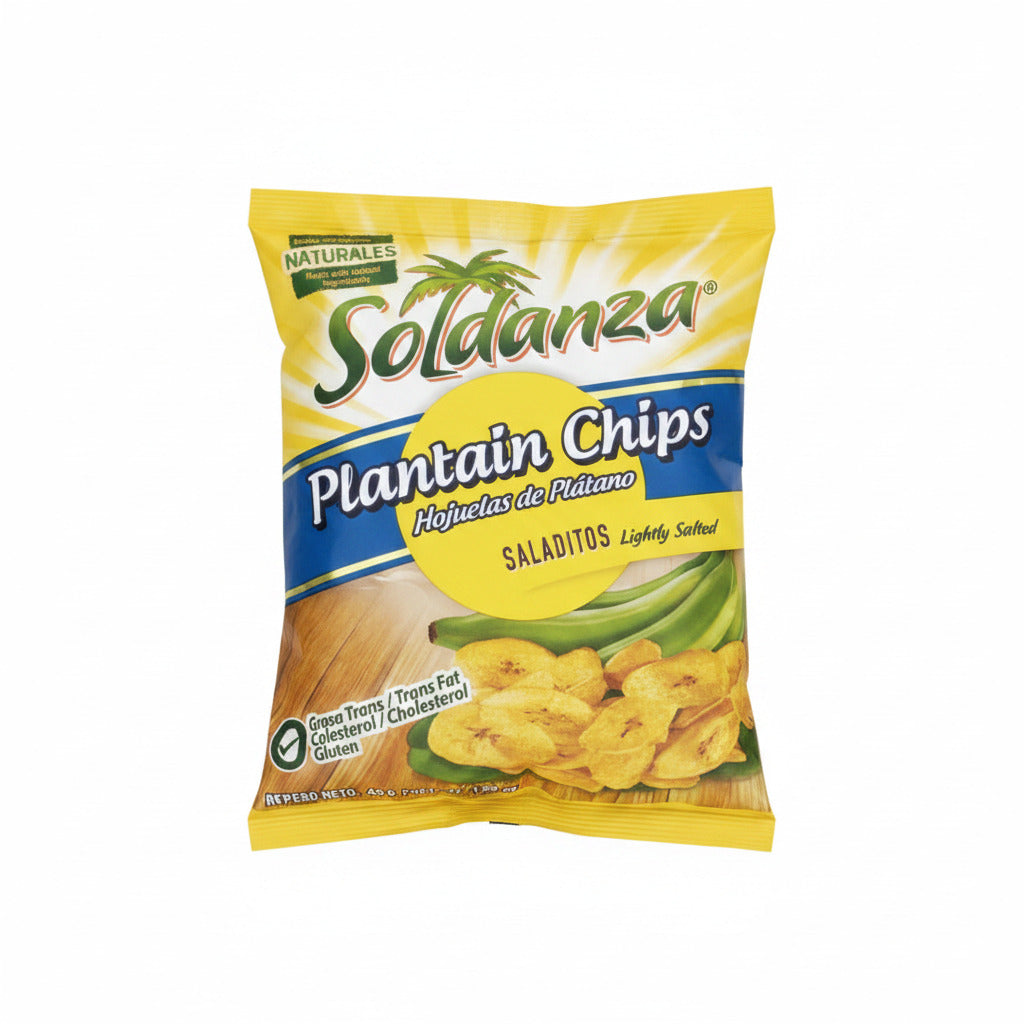 Bag of Soldanza plantain chips with visible branding and product details.
