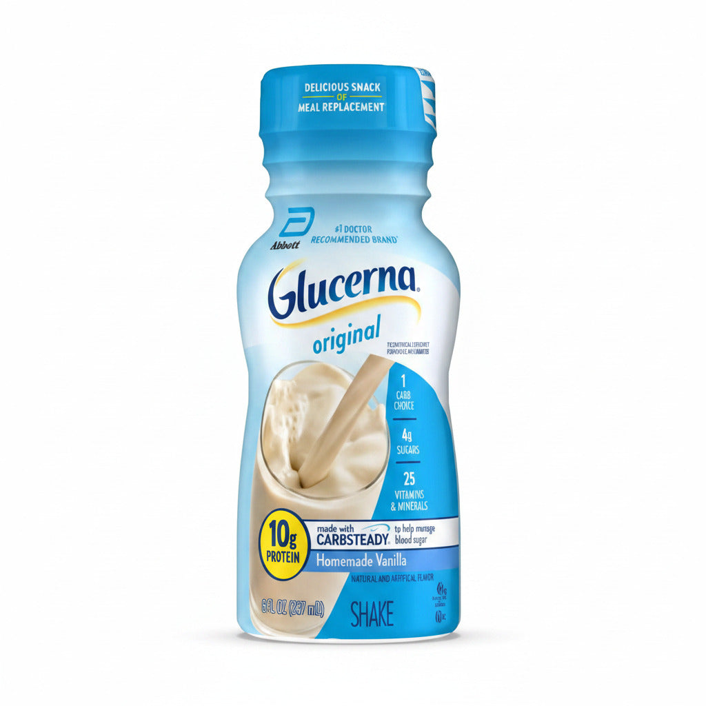 Glucerna original shake container with blue cap on a white background