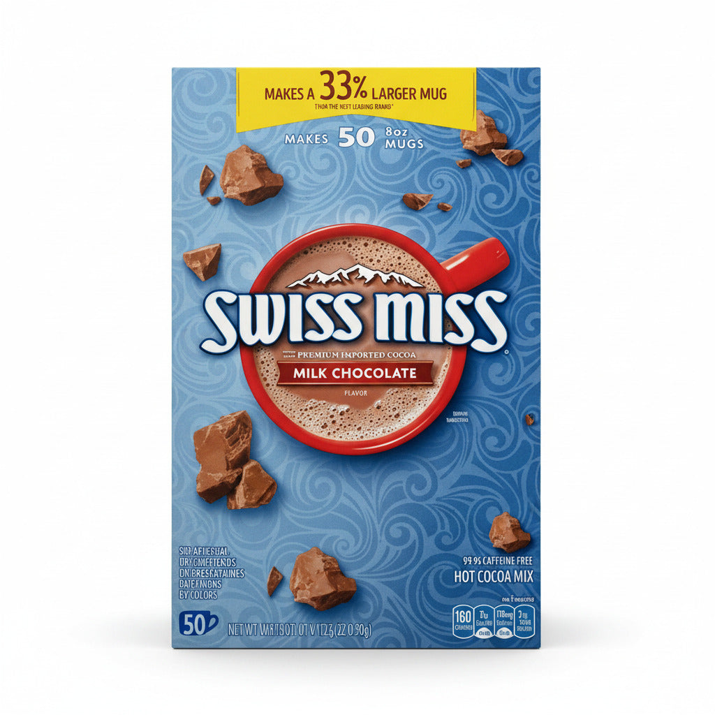 Swiss Miss milk chocolate hot cocoa mix packaging on a blue background