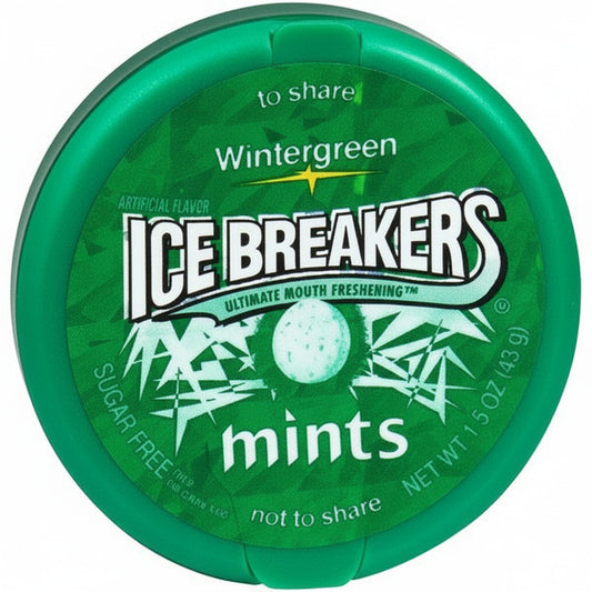 Green container of Ice Breakers Wintergreen mints on a white background