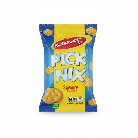 Butterfingers Pick N' Mix Savoury Crackers packaging on a light gray background