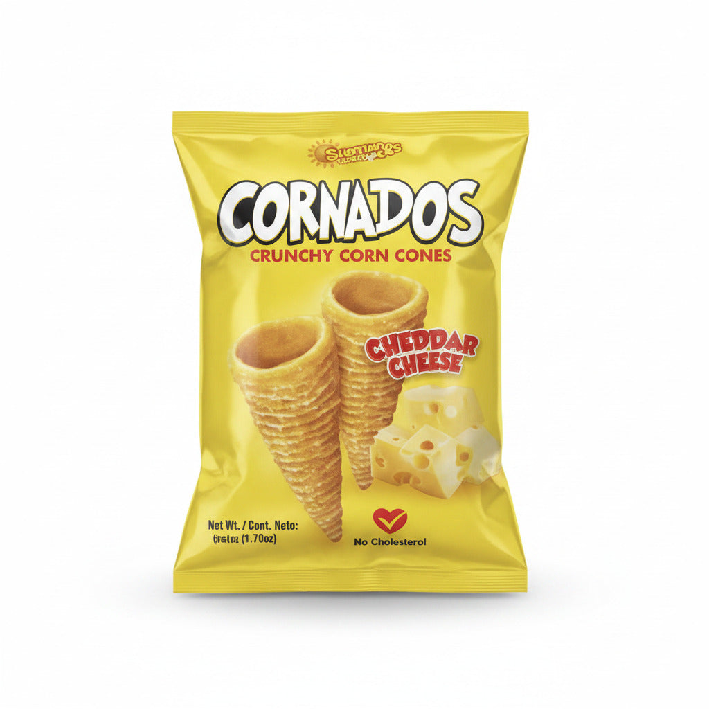 Cornados crunchy corn cones packaging on a table