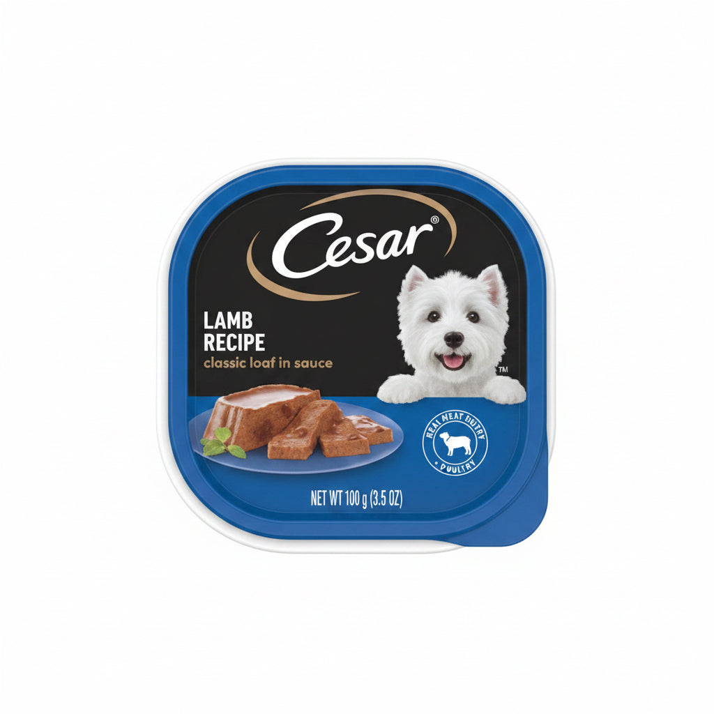 Cesar Lamb Recipe dog food packaging on a shelf