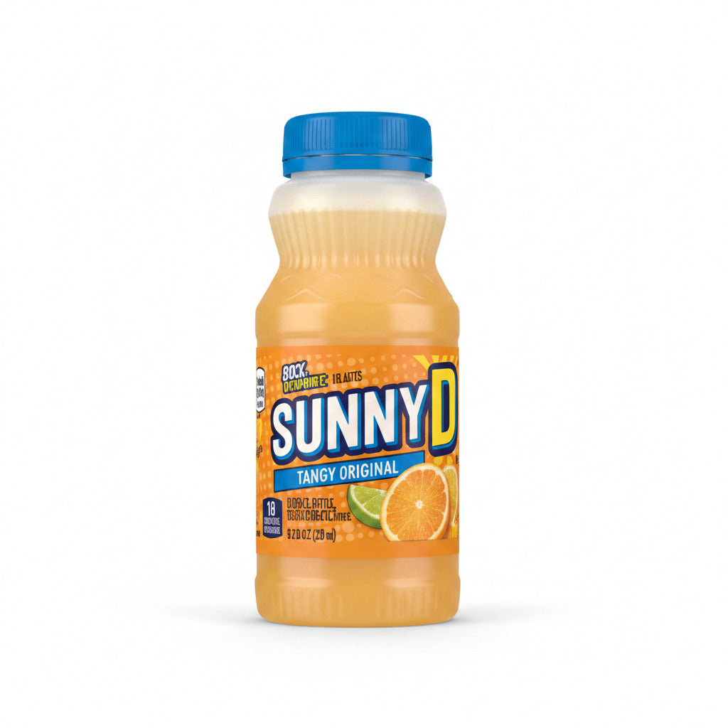 Hand holding a SunnyD drink container with a blurred background