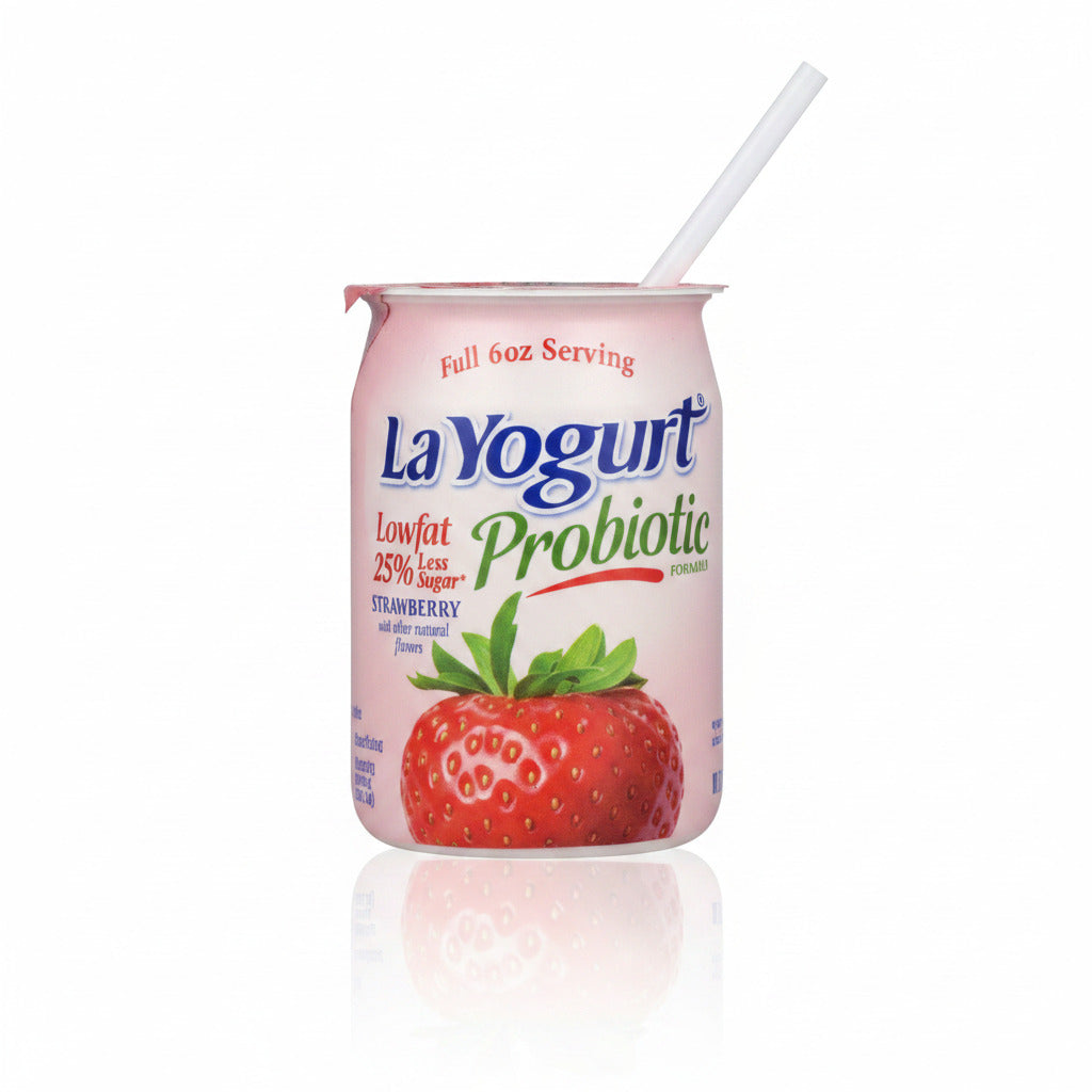 La Yogurt Probiotic container with strawberry flavor on a hand