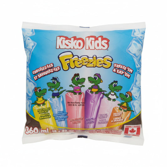 Kisko Kids Freezies packaging with cartoon characters on a blue background