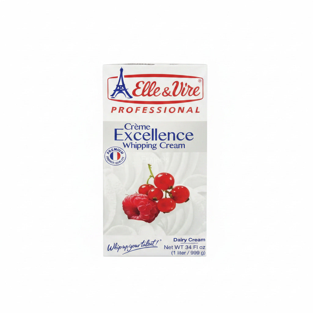 Box of Elle & Vire Crème Excellence Whipping Cream with raspberries on a white background