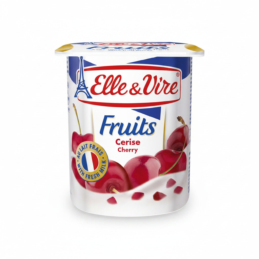 Elle & Vire cherry-flavored yogurt container on a white background