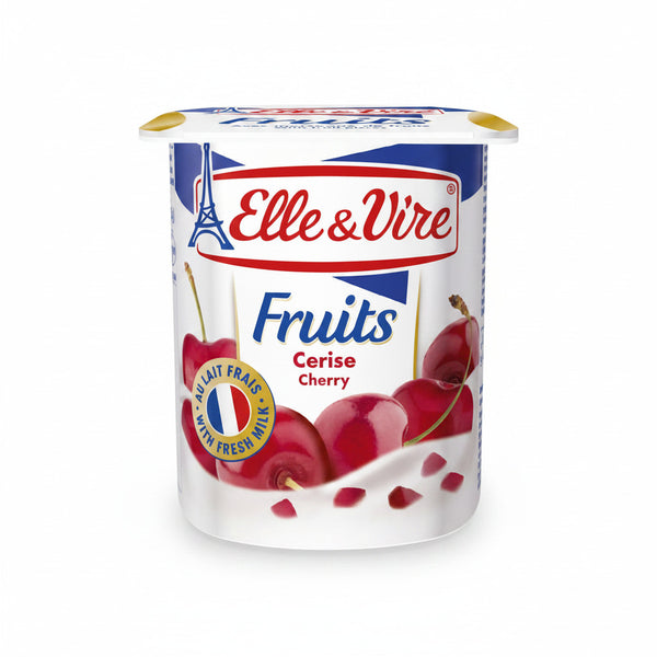 Elle & Vire cherry-flavored yogurt container on a white background
