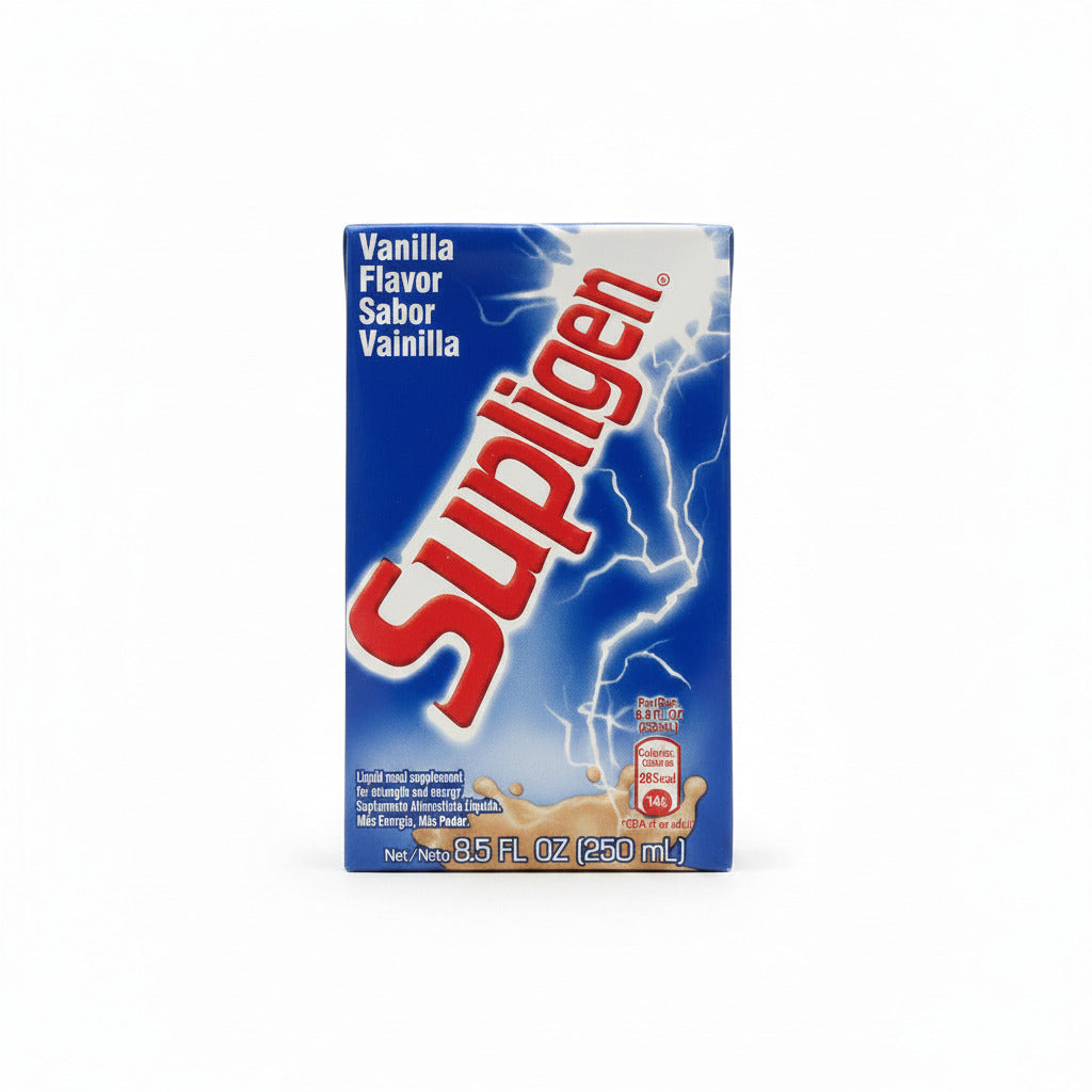 Supligen vanilla flavor drink mix box on a white background