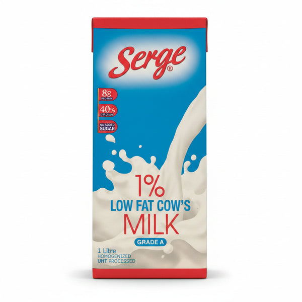 Serge 1% low fat cow's milk carton with blue and red design.