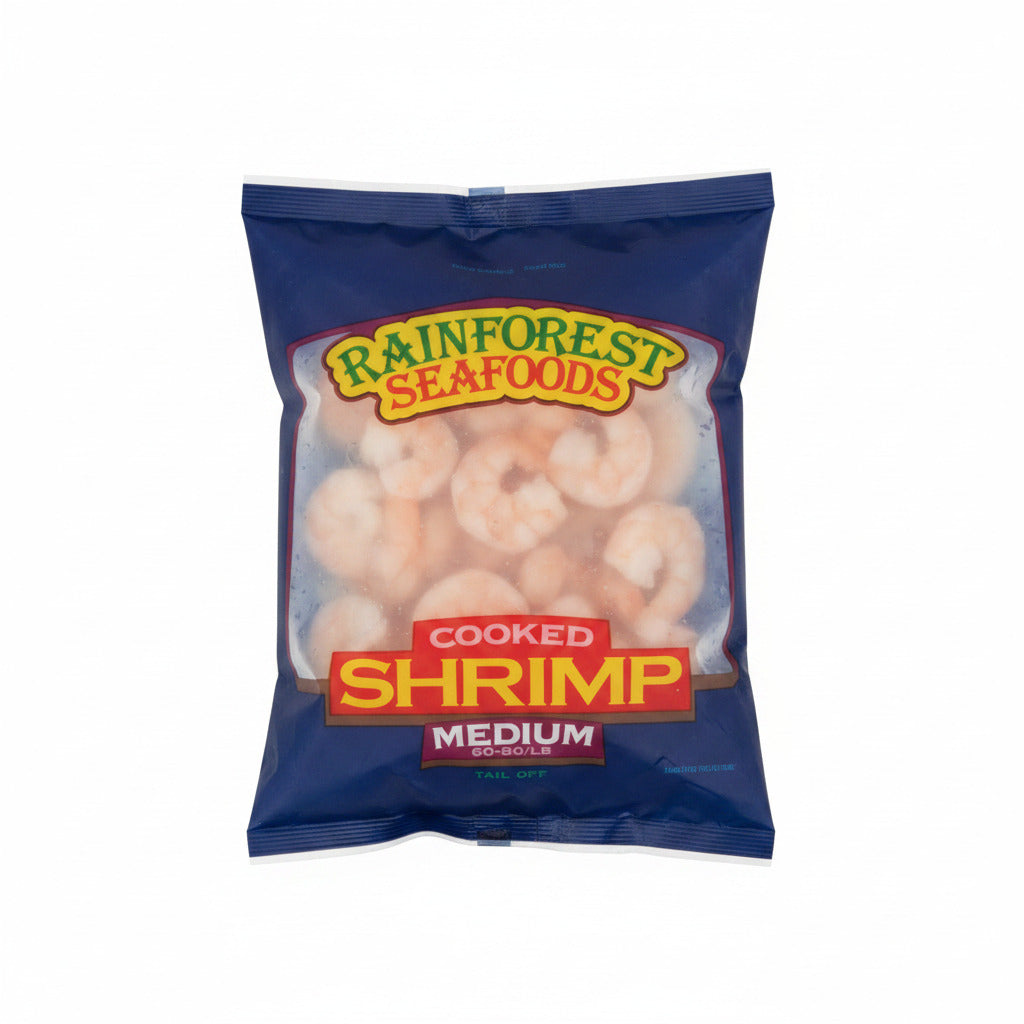 Packaged shrimp from Rainforest Seafoods with a blue background