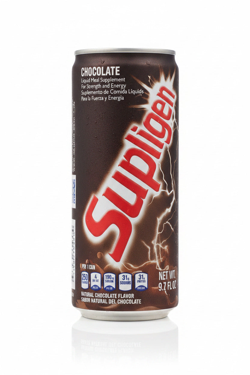 Supligen chocolate energy drink can held in a hand