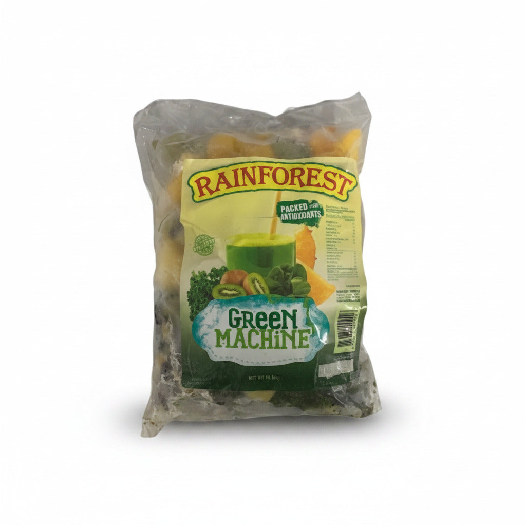 Bag of Rainforest brand green machine product on a white background