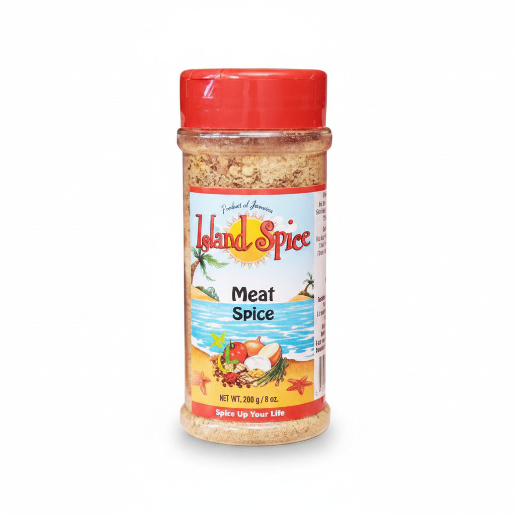 Jar of Island Spice meat spice on a white background