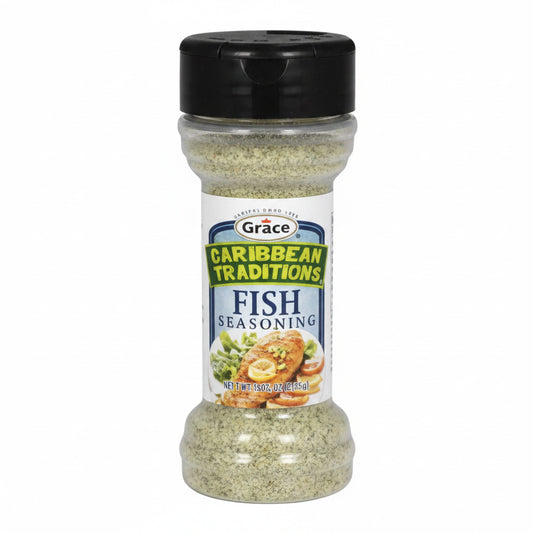 Bottle of Grice Caribbean Traditions Fish Seasoning on a white background