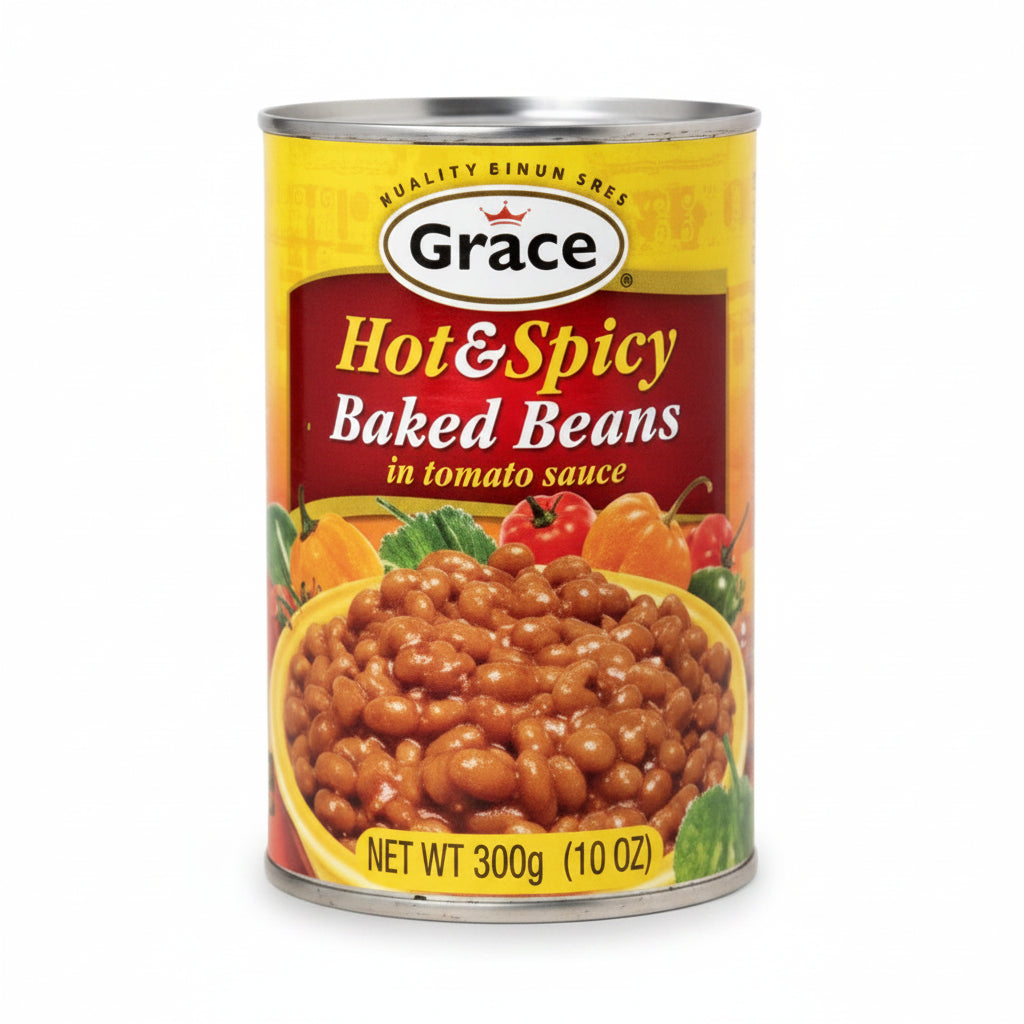 Can of Grace Hot & Spicy Baked Beans on a white background